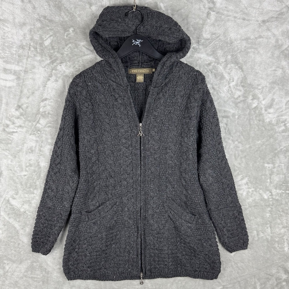 Inis Crafts Sweater Womens Medium Gray Merino Wool Knit Zip Up Hooded Ireland